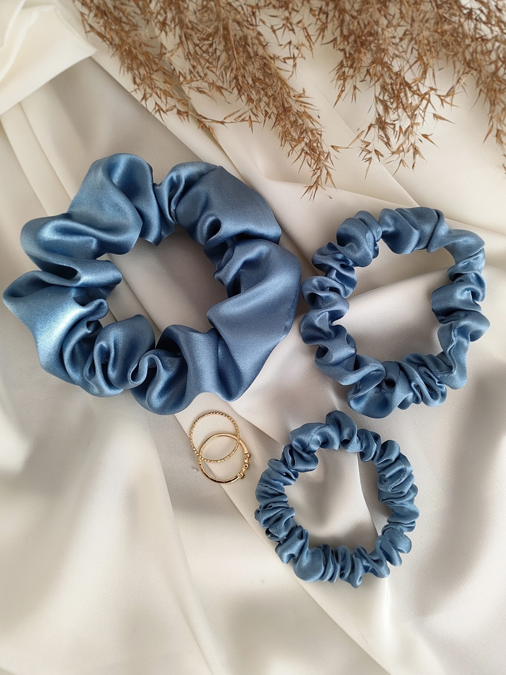 Scrunchie jedwabna jeansowa handmade