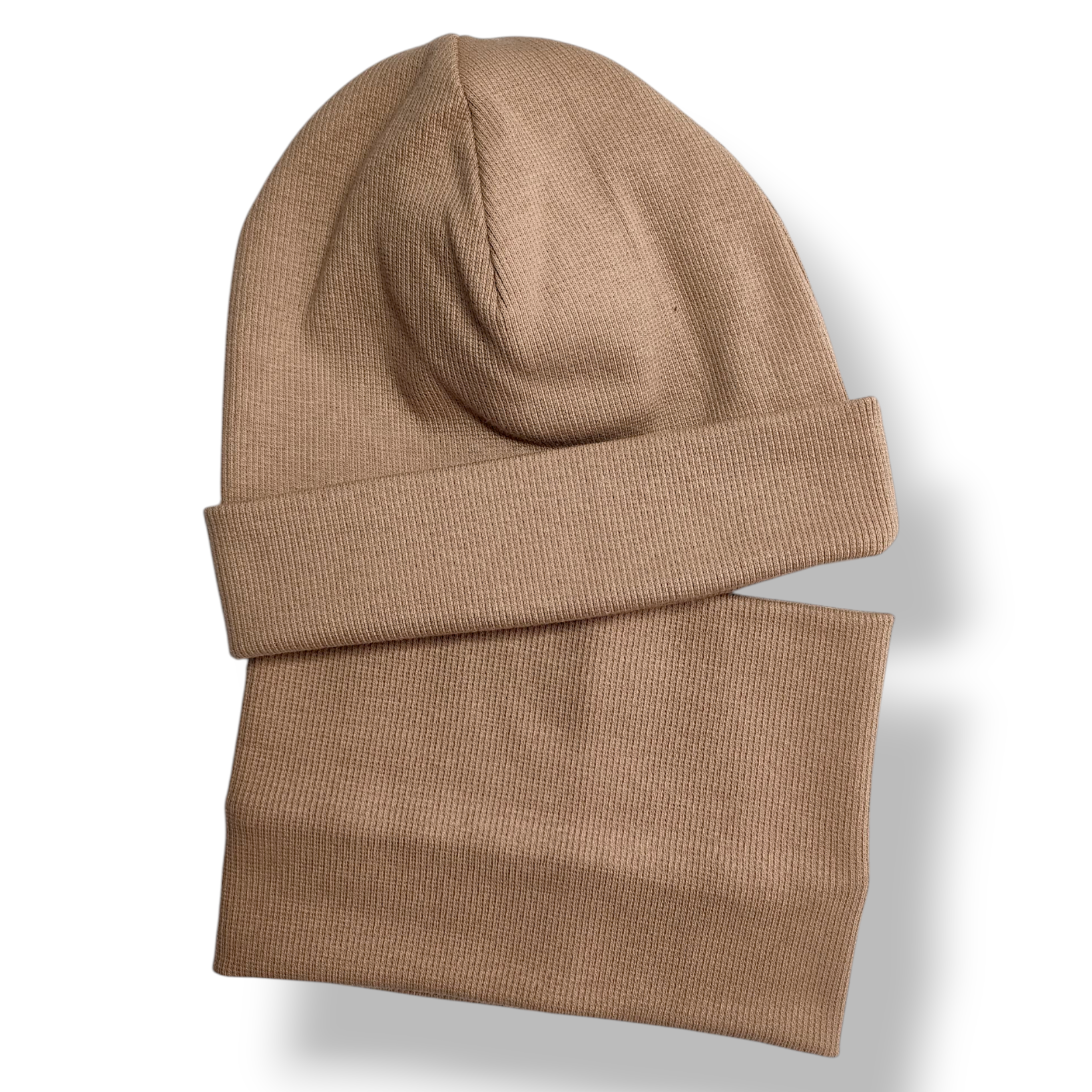 Czapka z kominem dziecięca prążek bawełniany ciepły beż - Zszywka