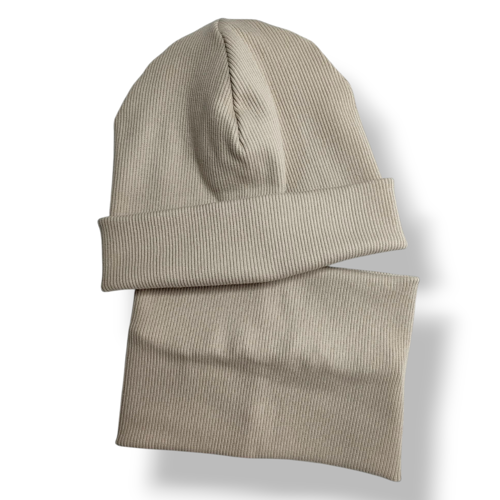 Czapka z kominem dziecięca prążek bawełniany zimny beż - Zszywka