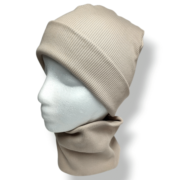 Czapka z kominem dziecięca prążek bawełniany zimny beż - Zszywka