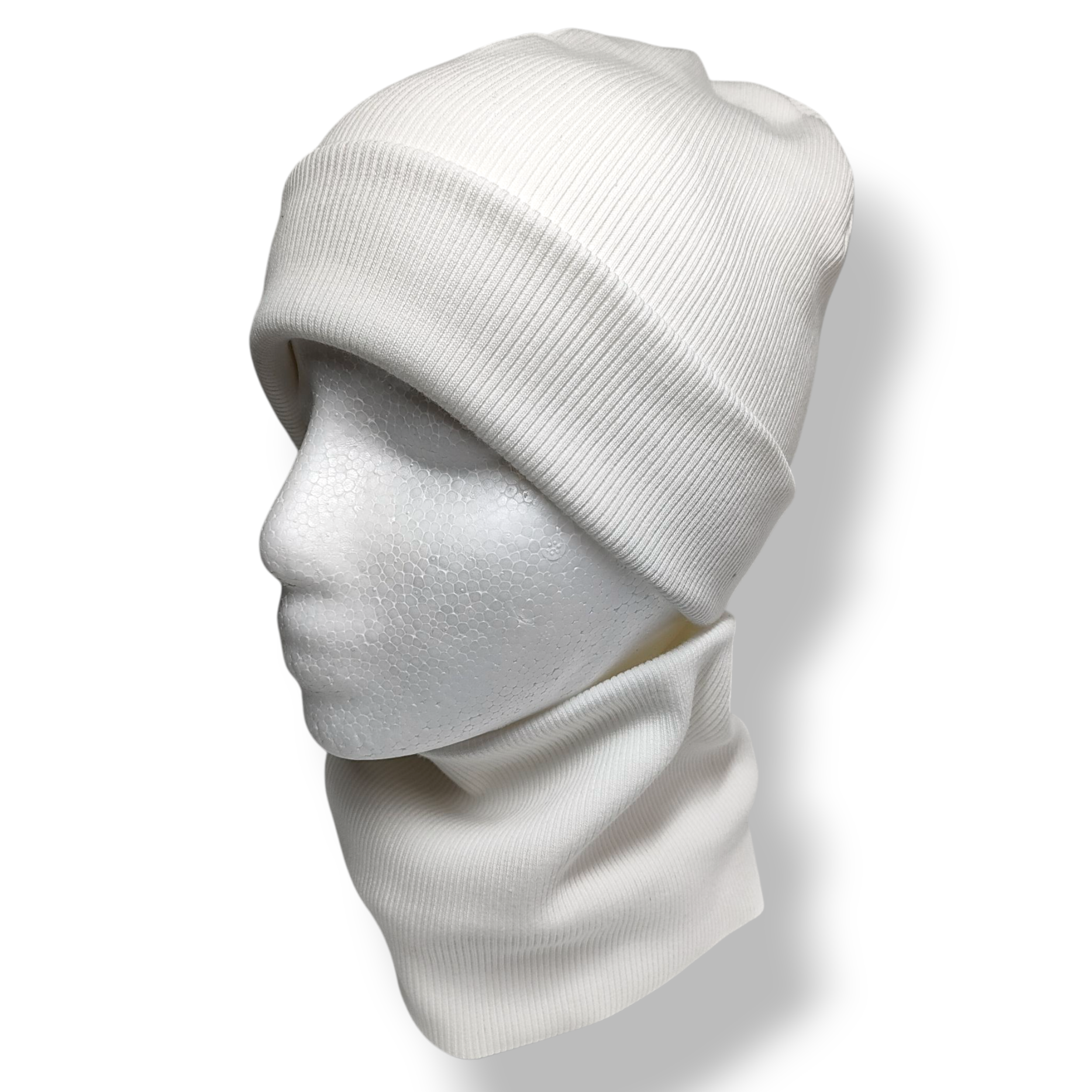 Czapka z kominem dziecięca prążek bawełniany biała - Zszywka