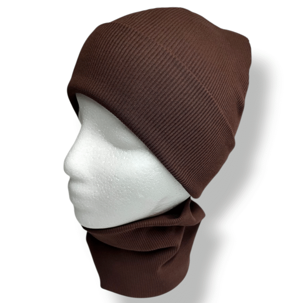 Czapka z kominem dziecięca prążek bawełniany brązowa - Zszywka