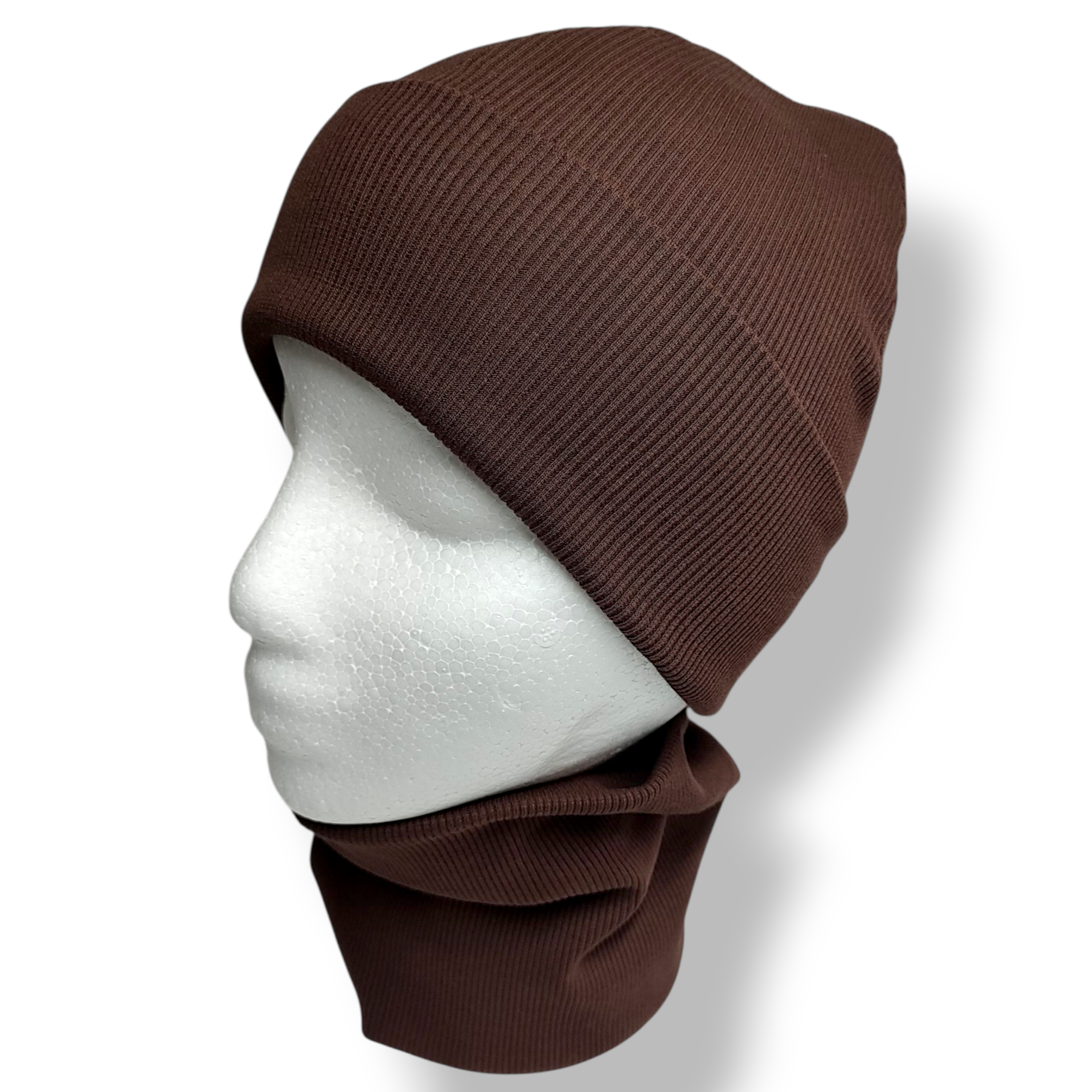 Czapka z kominem dziecięca prążek bawełniany brązowa - Zszywka