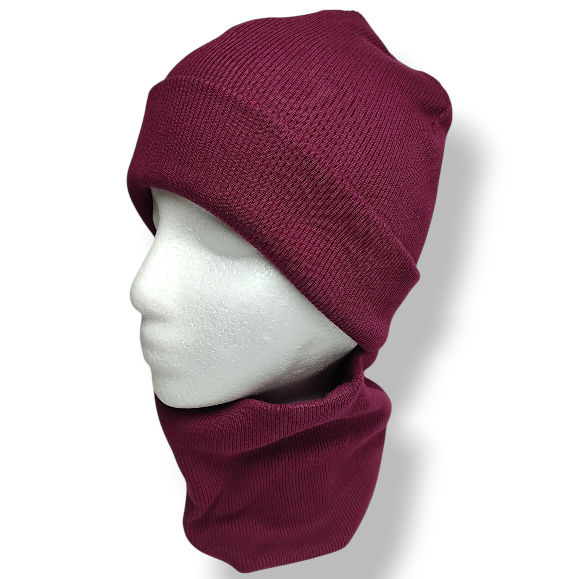 Czapka z kominem dziecięca prążek bawełniany burgundowa - Zszywka