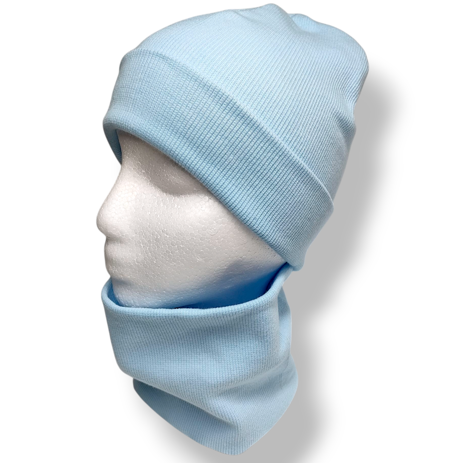 Czapka z kominem dziecięca prążek bawełniany niebieska - Zszywka